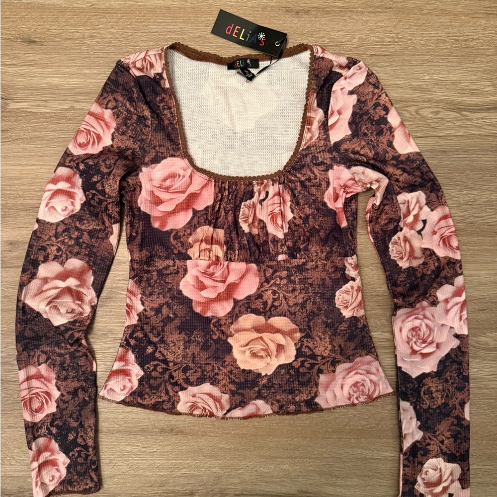 dELiA*s Rose Pattern Long Sleeve Top - Pink and Brown